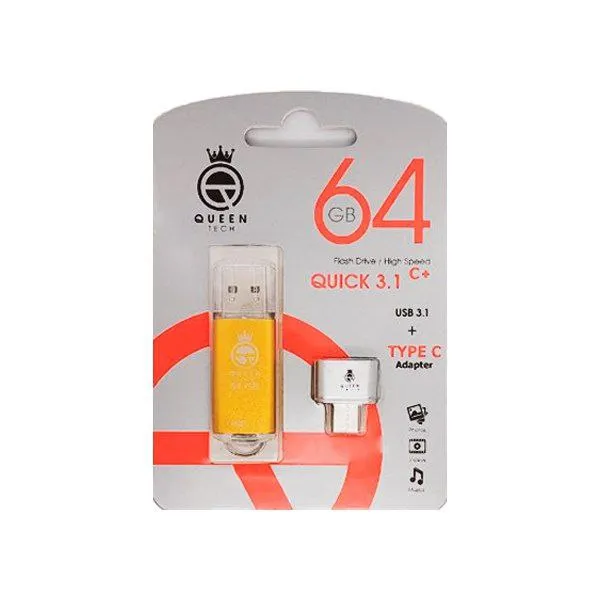فلش مموری 64 گیگابایت کوئین تک مدل QUICK CPLUS با رابط USB 3.1 Gen1، بدنه فلزی درپوشدار، سرعت انتقال 15 مگابایت بر ثانیه و مبدل USB-C سازگار با موبایل، تبلت، کامپیوتر و تلویزیون | نقره ای | گارانتی 24 ماهه مروارید اسپیرو