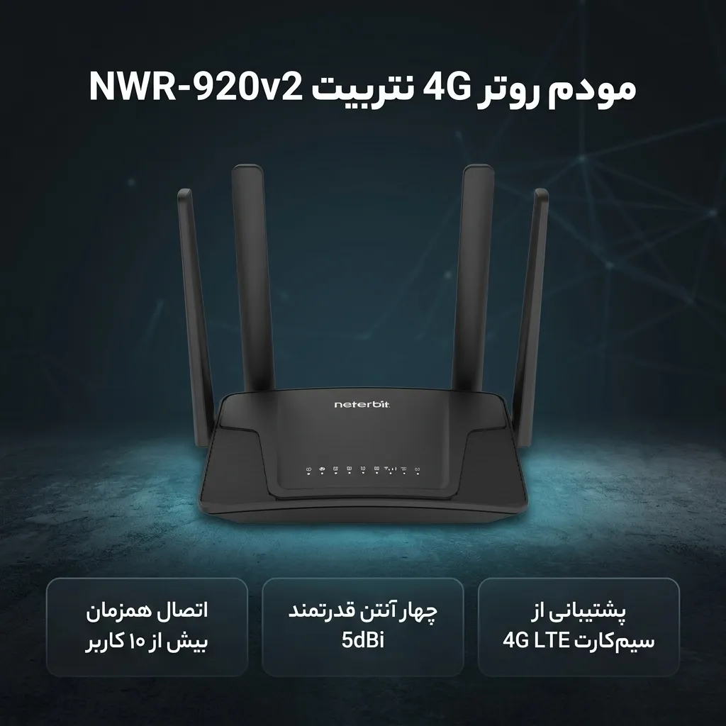 مودم روتر 4G خانگی نتربیت مدل NWR-M920v2 با پشتیبانی سیمکارت LTE/3G، استاندارد IEEE 802.11b/g/n، چهار آنتن 5 دسیبل، فایروال SPI و NAT، اتصال همزمان بیش از 10 کاربر | مشکی | گارانتی 36 ماهه آونگ