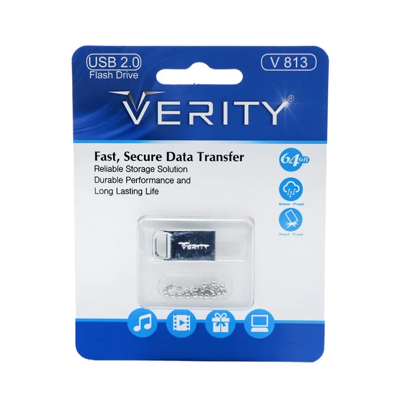 فلش مموری وریتی مدل V813 ظرفیت 64 گیگابایت، بدنه فلزی مقاوم در برابر گردوغبار و رطوبت، رابط USB 2، قابلیت اتصال به جاکلیدی و مقاوم در برابر شوک و لرزش | خاکستری | گارانتی 24 ماهه مروارید اسپیرو