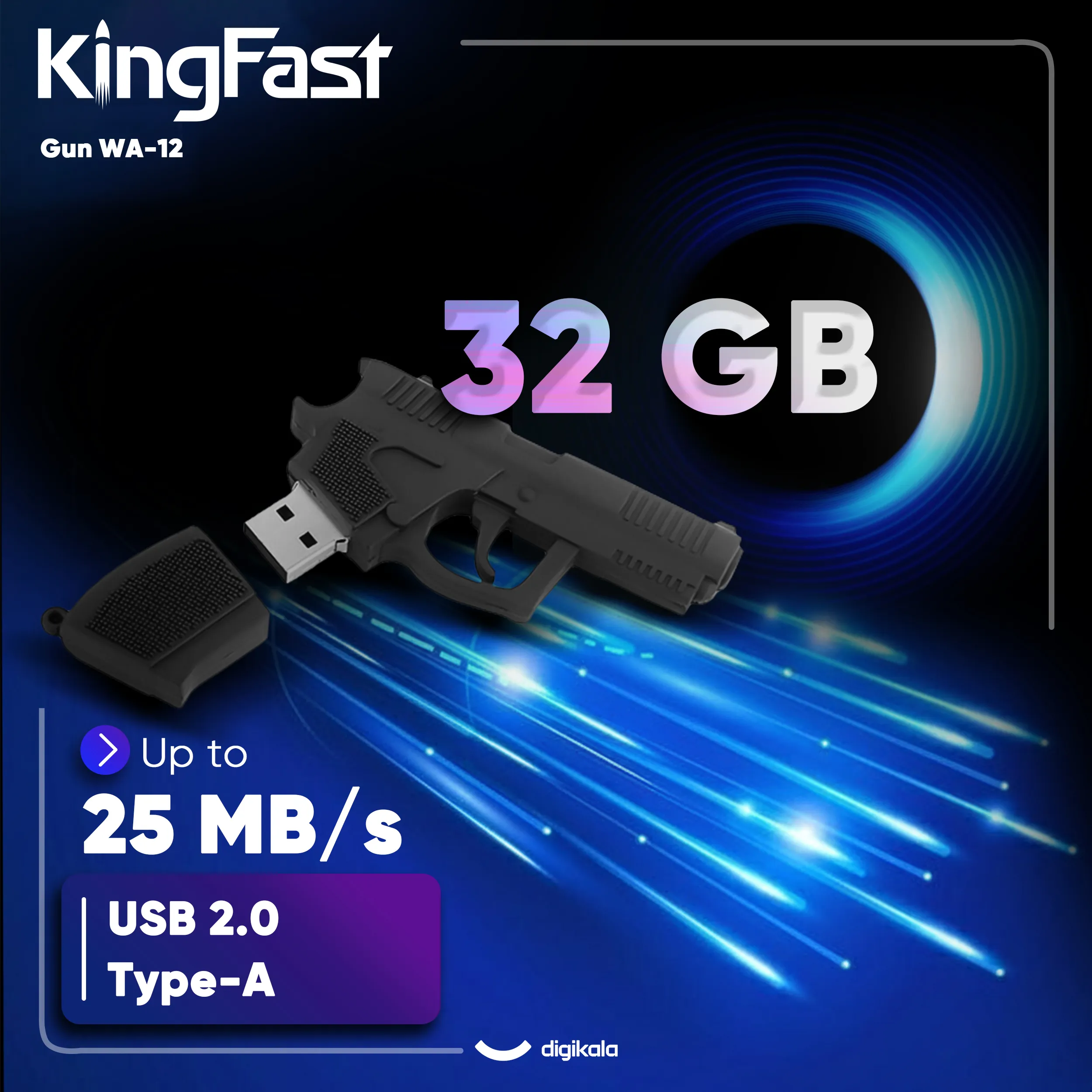 فلش مموری کینگ فست مدل Gun WA-12 ظرفیت 32 گیگابایت، رابط USB 2.0، سرعت خواندن 25 مگابایت بر ثانیه، سرعت نوشتن 12 مگابایت بر ثانیه، بدنه پلاستیکی مقاوم در برابر شوک و لرزش، سازگار با ویندوز، مک، تلویزیون، تبلت و گوشی موبایل | مشکی | گارانتی 24 ماهه مروارید اسپیرو