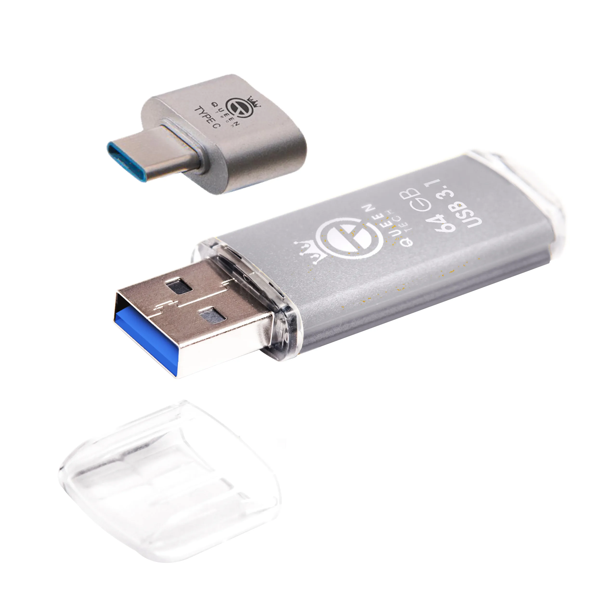 فلش مموری 64 گیگابایت کوئین تک مدل QUICK CPLUS با رابط USB 3.1 Gen1، بدنه فلزی درپوش‌دار، سرعت انتقال 15 مگابایت بر ثانیه و مبدل USB-C سازگار با موبایل، تبلت، کامپیوتر و تلویزیون | نقره ای | گارانتی 24 ماهه مروارید اسپیرو
