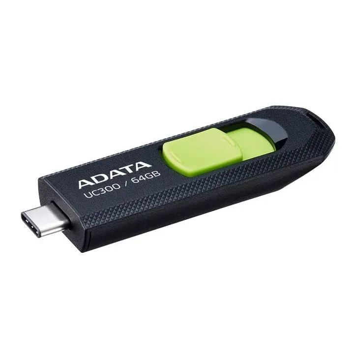 فلش مموری کشویی ای دیتا مدل UC300 ظرفیت 64 گیگابایت با رابط USB Type-C و استاندارد USB 3.2 Gen 1، سرعت انتقال داده تا 5 گیگابایت بر ثانیه، سازگار با لپتاپ، گوشی، تبلت و تلویزیون، بدون نیاز به نصب درایور | مشکی | گارانتی 18 ماهه آونگ