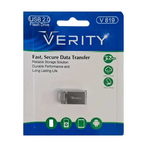 فلش مموری 32 گیگابایت وریتی مدل V-819 با رابط USB 2.0، بدنه فلزی مقاوم و ضد خش، سرعت انتقال 30 مگابایت بر ثانیه، سازگار با گوشی، تبلت، کامپیوتر و تلویزیون | مشکی | گارانتی 24 ماهه مروارید اسپیرو