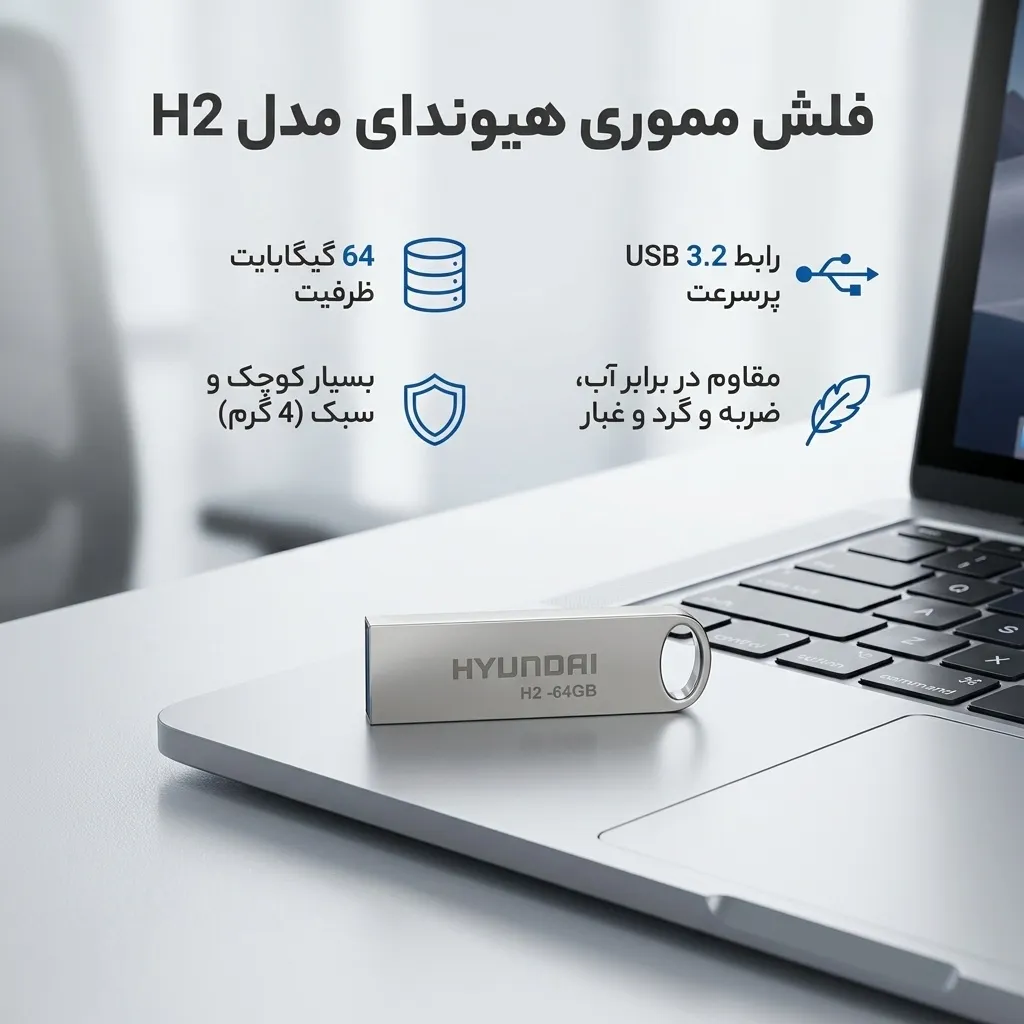 فلش مموری 64 گیگابایت هیوندای مدل H2 USB 3.2 با بدنه استیل ضد اثر انگشت، مقاوم در برابر آب، ضربه، شوک و گردوغبار، طراحی لوکس و سبک، مناسب حمل آسان و سازگار با تمامی سیستمعاملها | نقره ای | گارانتی 24 ماهه مروارید اسپیرو