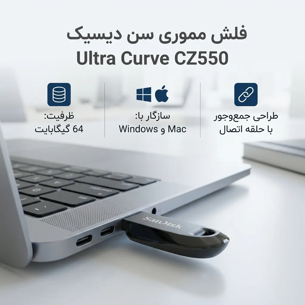 فلش مموری سن دیسک مدل Ultra Curve CZ550 ظرفیت 64 گیگابایت | مشکی | گارانتی 18 ماهه آواژنگ