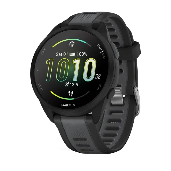 ساعت هوشمند گارمین مدل Forerunner 165 دارای قابلیت های کنترل موسیقی (Music Player)، قابلیت تغییر طرح ساعت یا تم بند سیلیکون | مشکی | گارانتی 24 ماهه مروارید اسپیرو